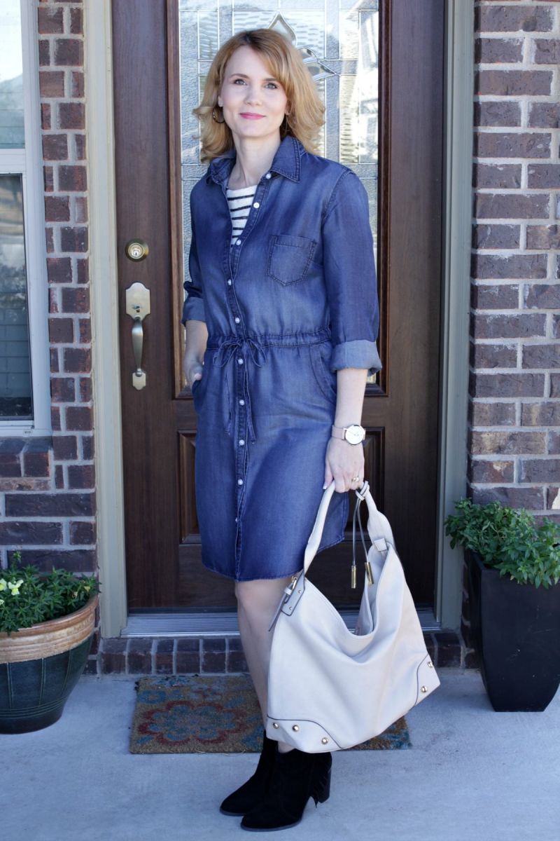 denim shirt dress layering