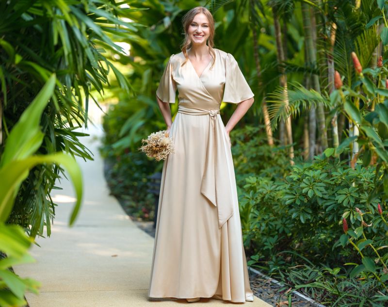 gold wedding guest dress satin