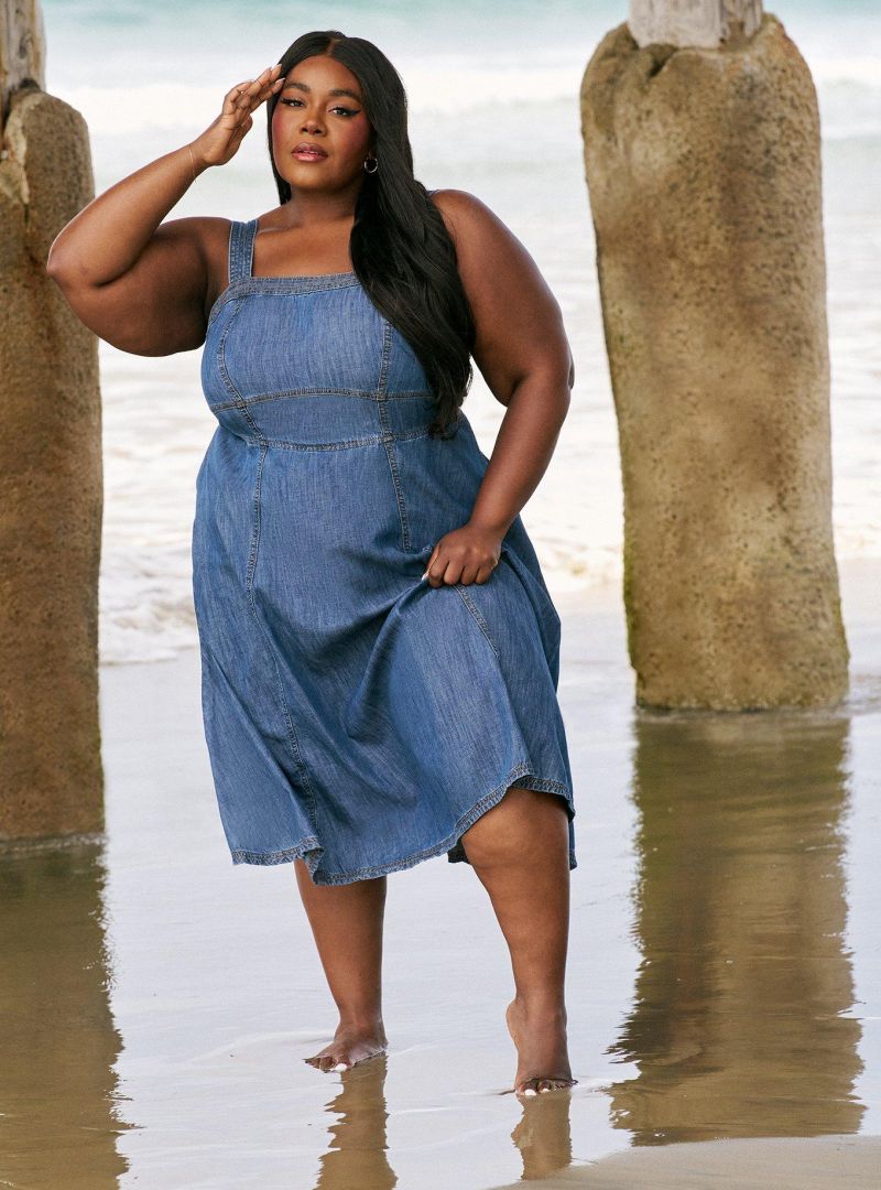 plus size denim dress midi