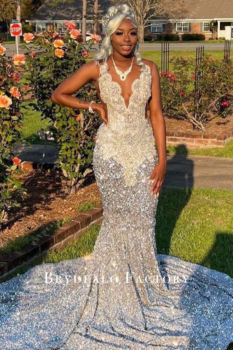 silver prom dress long