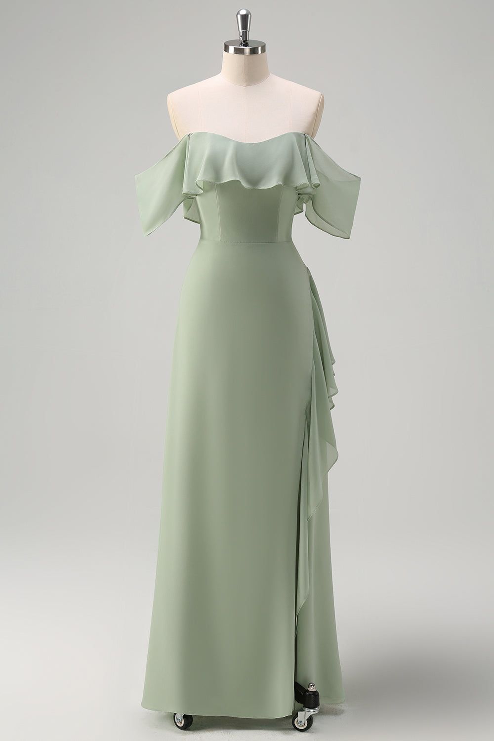 elegant dresses_Light Green Mermaid Off the Shoulder Ruffled Bridesmaid Dress with Slit