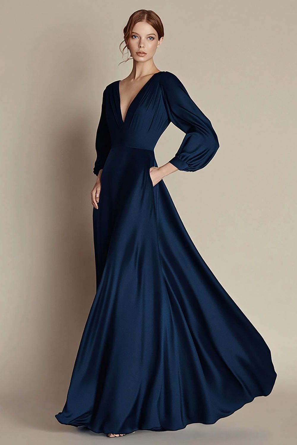 fancy dresses_Navy Formal Dress V-Neck A Line Satin Long Wedding Guest Dress With Long Sleeves