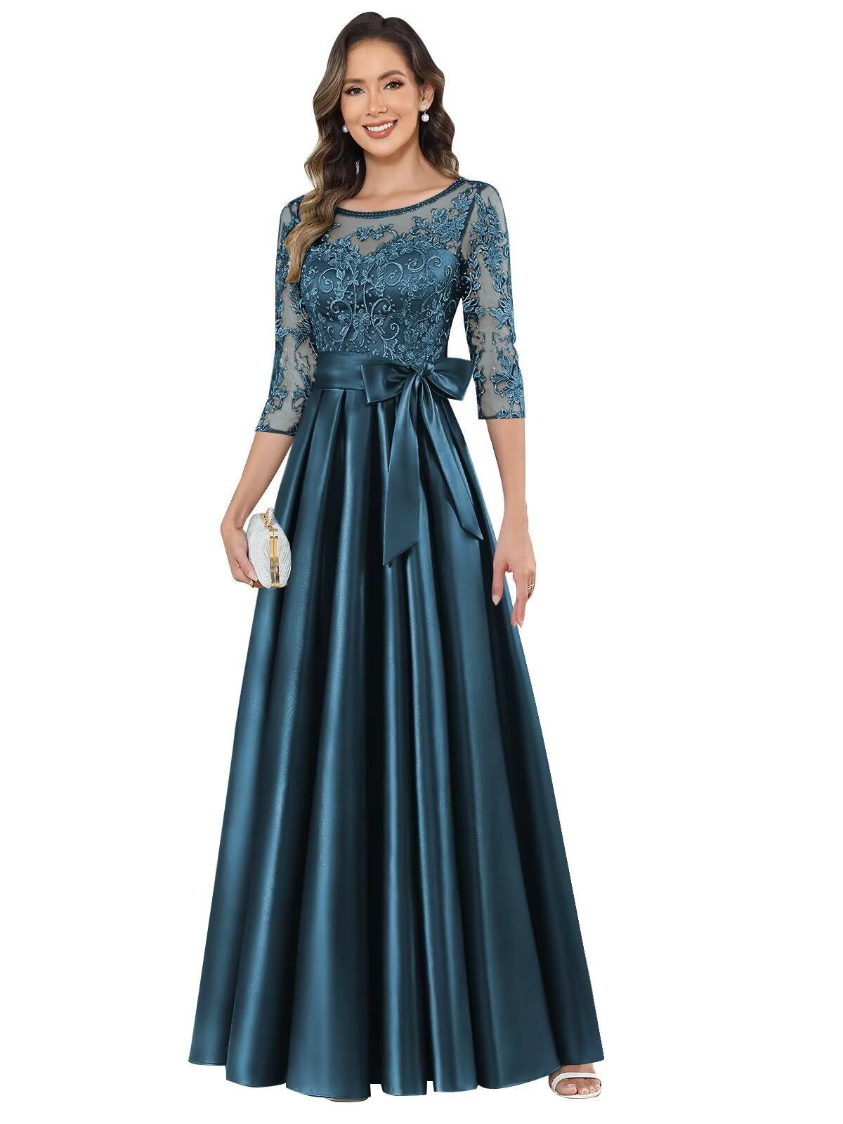 elegant dresses_Huaxiafan Mother of The Bride Dresses with Sleeves Scoop Neck Lace Top A Line Satin Elegant Long Formal Gown