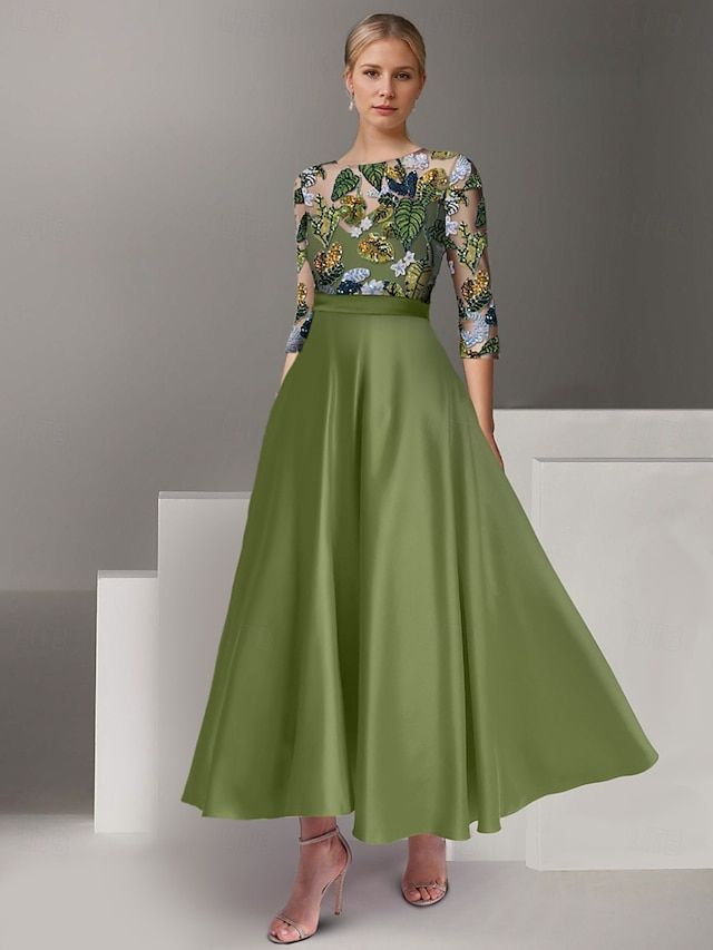 fancy dresses_A-Line Ankle Length Cocktail Dresses Evening Gown Ball Gown Formal Dress Elegant Color Block High Split Half Sleeve Illusion Neck Wedding Formal Satin with Ruffles Slit Embroidery 2025 - $169.99