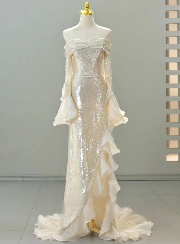 fancy dresses_Gold Mermaid Sequins Long Sleeve Prom Dress