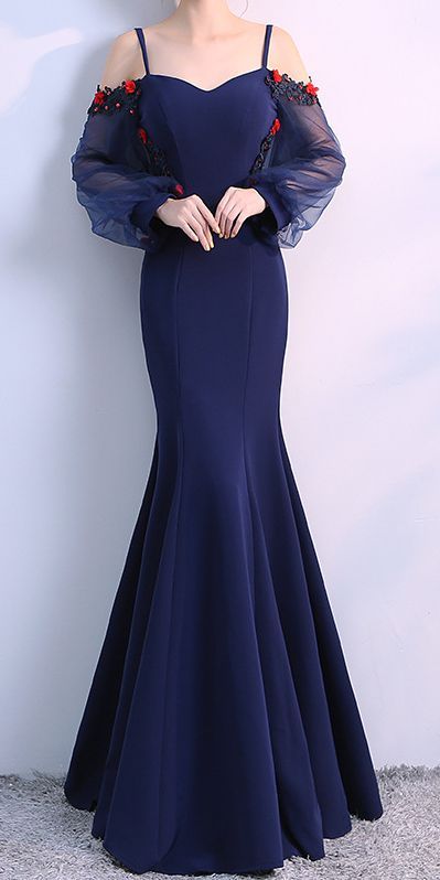 fancy dresses_Blue Long Sleeve Evening Dress For Formal Occasions