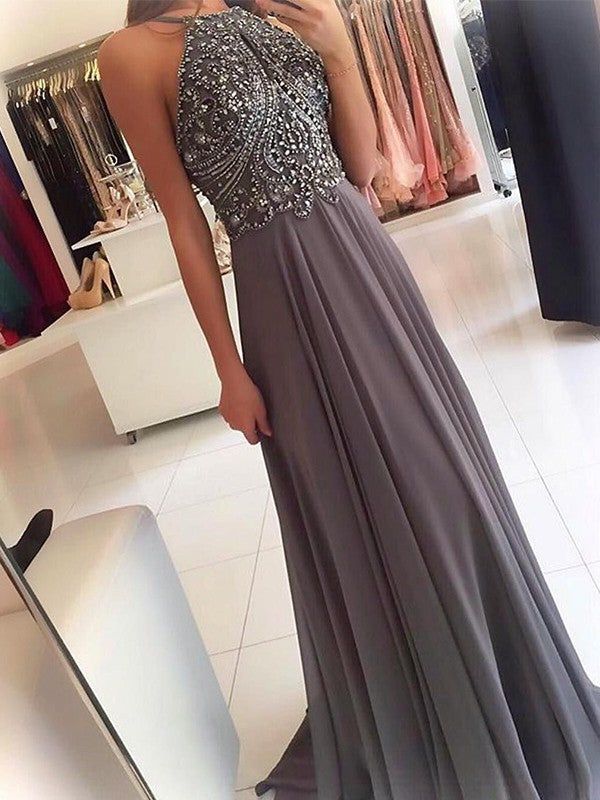 fancy dresses_A-Line/Princess Halter Sleeveless Prom Dress Sweep/Brush Train Beading Chiffon Dresses