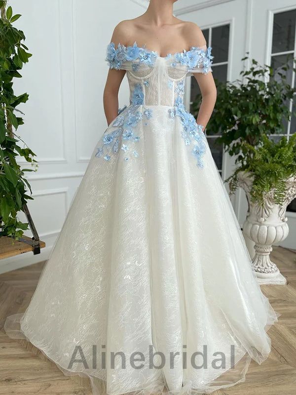 fancy dresses_Elegant Off the Shoulder Corset A-line Long Prom Dress with Blue Floral Appliqué , PD3612 - US4 / Picture Color