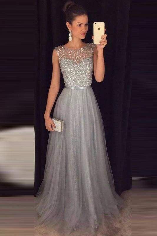 fancy dresses_Cheap A-line Gray Sleeveless Tulle Sequined Long Formal Dress Prom Dresses