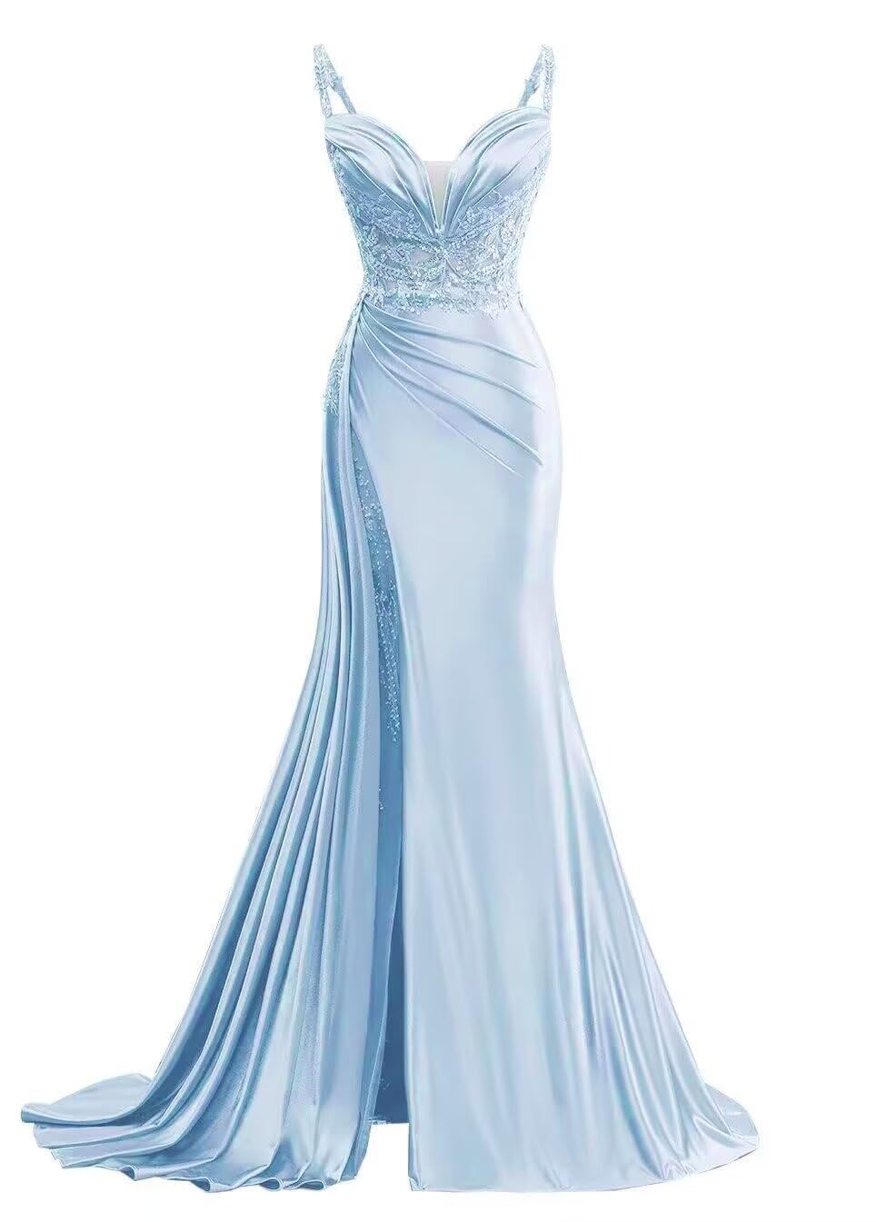 fancy dresses_Gisntore Light Blue Satin Prom Dresses Long Lace Applique Pleated Corset Mermaid Formal Dress with Slit Size 10