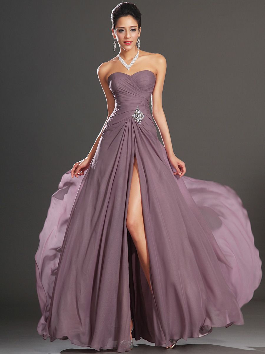 fancy dresses_Strapless Sleeveless Crystal Ruched Chiffon Prom Dress With Split