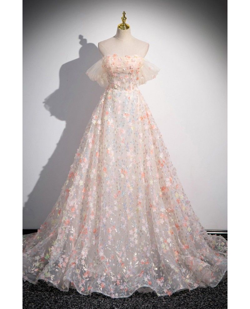 fancy dresses_Romantic Floral Sequin Long Off The Shoulder Prom Dress