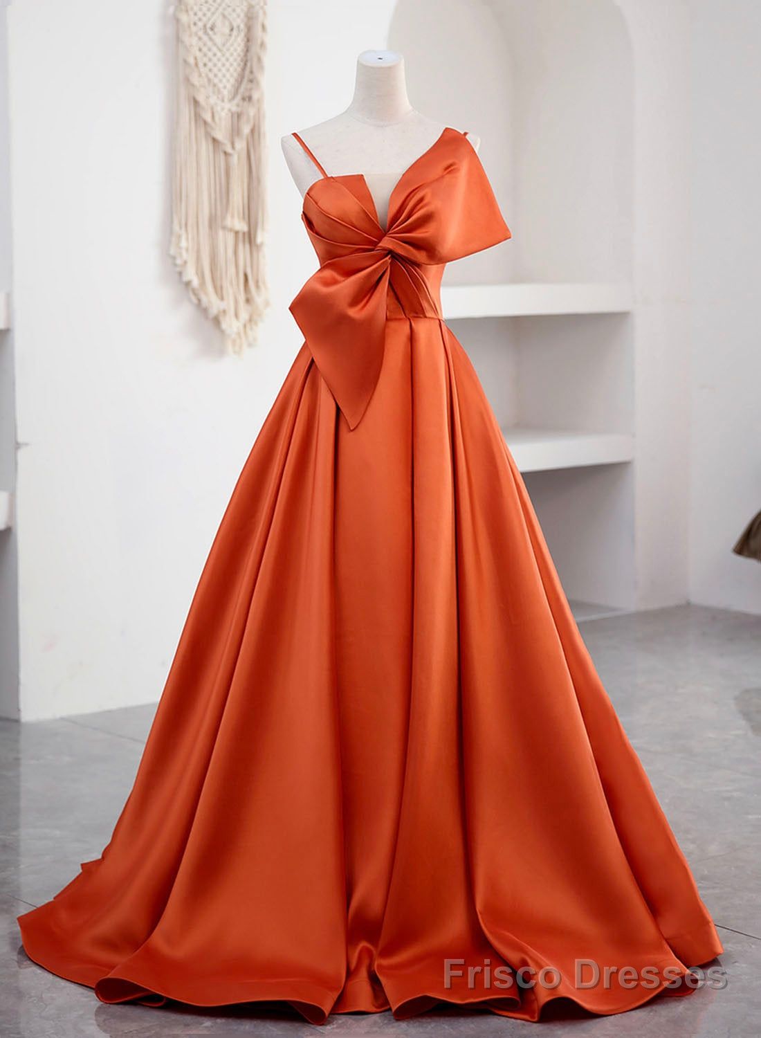 fancy dresses_Spaghetti Straps Orange Satin Prom Formal Dress, A-Line Floor Length Evening Dress - Orange / US2