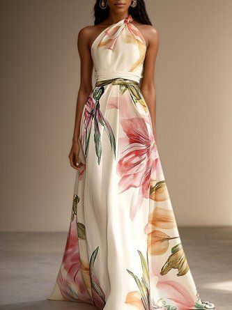 fancy dresses_Pink Floral Satin One Shoulder Sleeveless A-Line Maxi Cocktail Dress