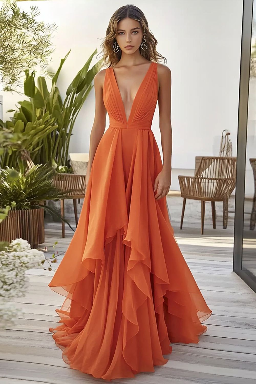 elegant dresses_Orange Ruffled A Line Chiffon Wedding Guest Dress