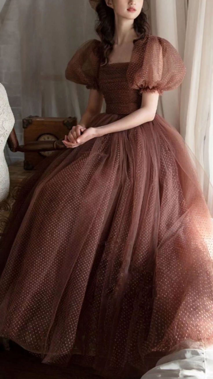 fancy dresses_Brown Tulle Ballgown Polka Dot Prom Dress With Bubble Sleeves ID#BY6002 - GemGrace.com