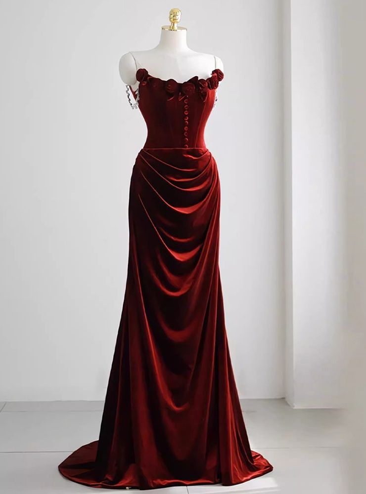 fancy dresses_Burgundy Velvet Strapless Rose Flower Prom Dress