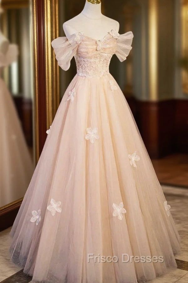 fancy dresses_Cute Flowers Tulle Long Formal Dress, Off Shoulder Evening Dress - Picture Color / US14