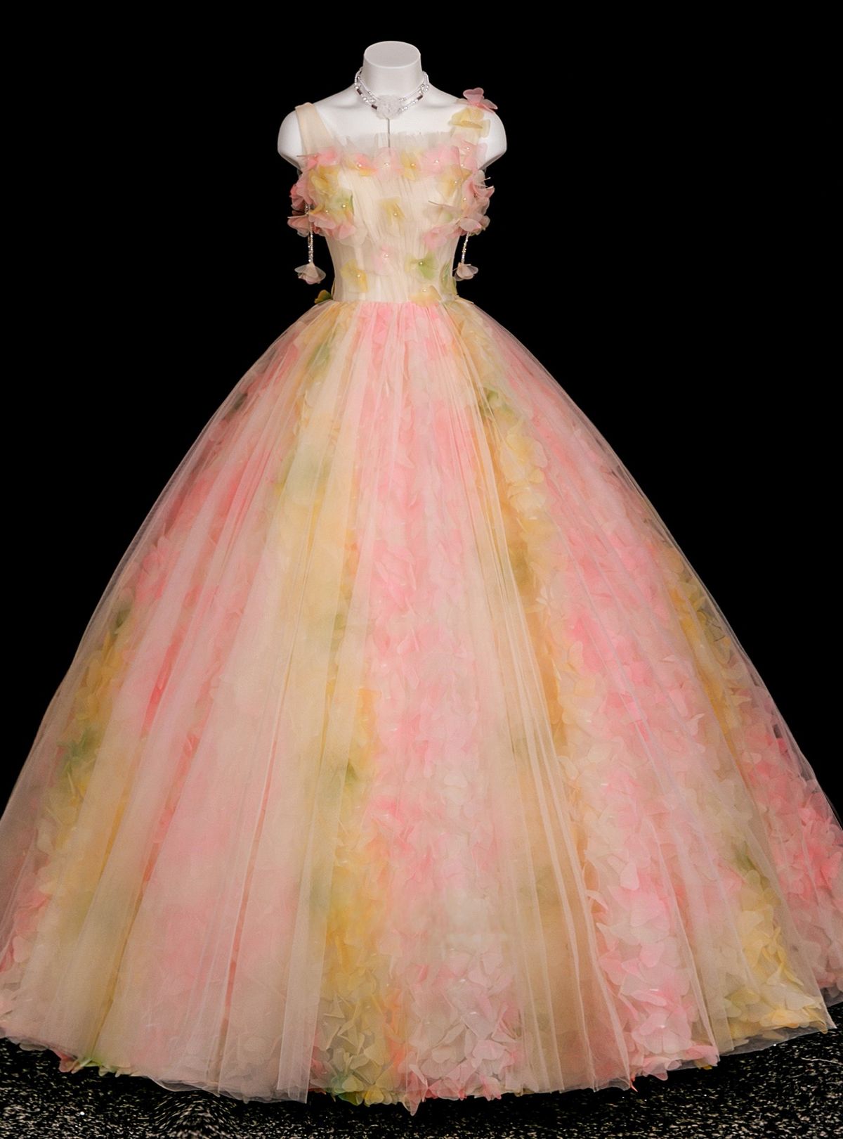 princess dresses_Pink Tulle Flower Straps Quinceanera Dress