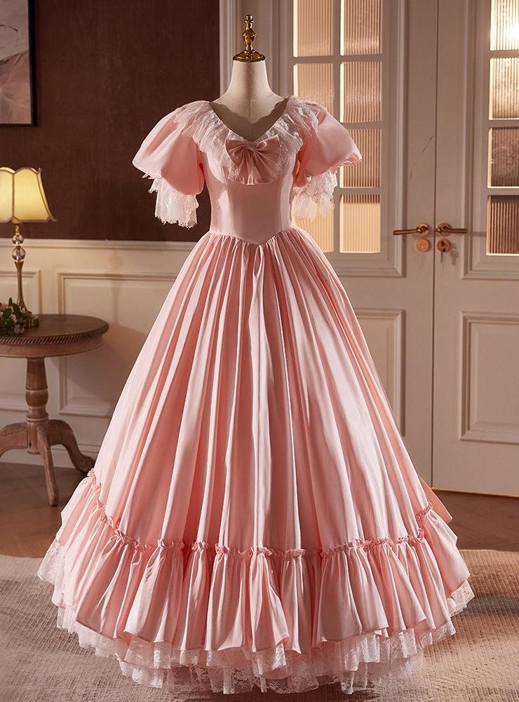 princess dresses_Pink Ball Gown V-neck Puff Sleeve Satin Lace Prom Dress