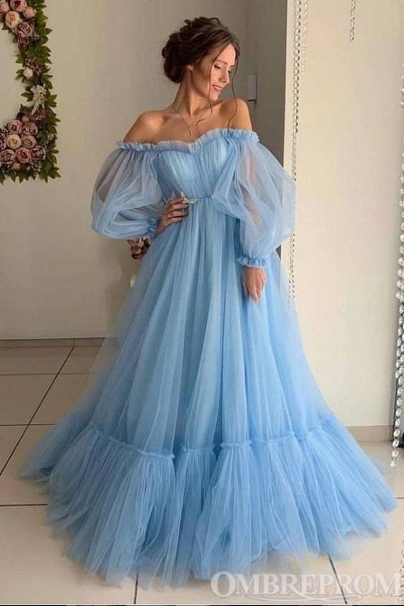 princess dresses_A-Line/Princess Tulle Applique Off-the-Shoulder Long Sleeves Floor-Length Dresses
