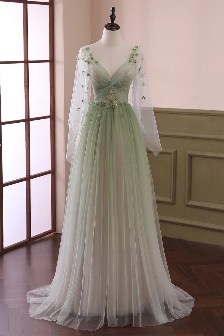 princess dresses_Sabina | Sage Long Sleeves A Line Tulle Prom Dress With Appliques - Sage / 00