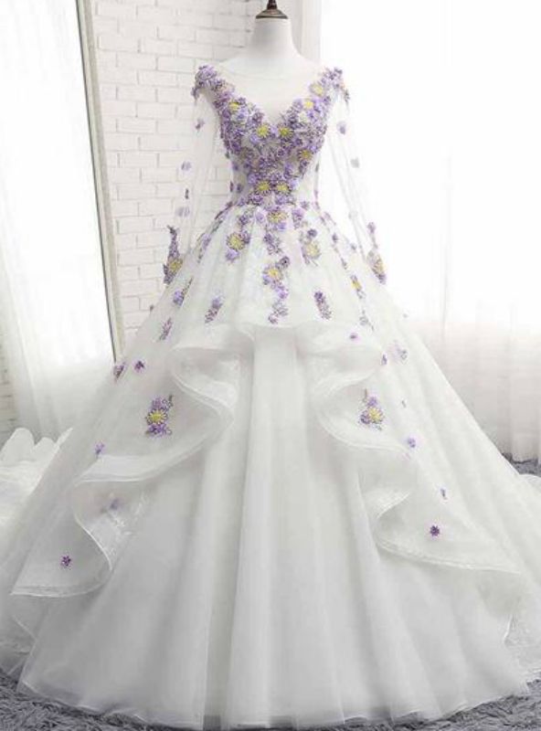 princess dresses_White Tulle Ruffles Long 3D Flower Lace Applique Long Sleeve Quinceanera Dress