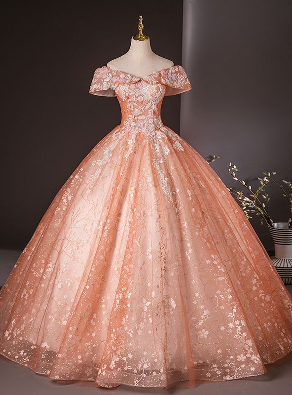 princess dresses_Orange Tulle Sequins Off the Shoulder Appliques Quinceanera Dress