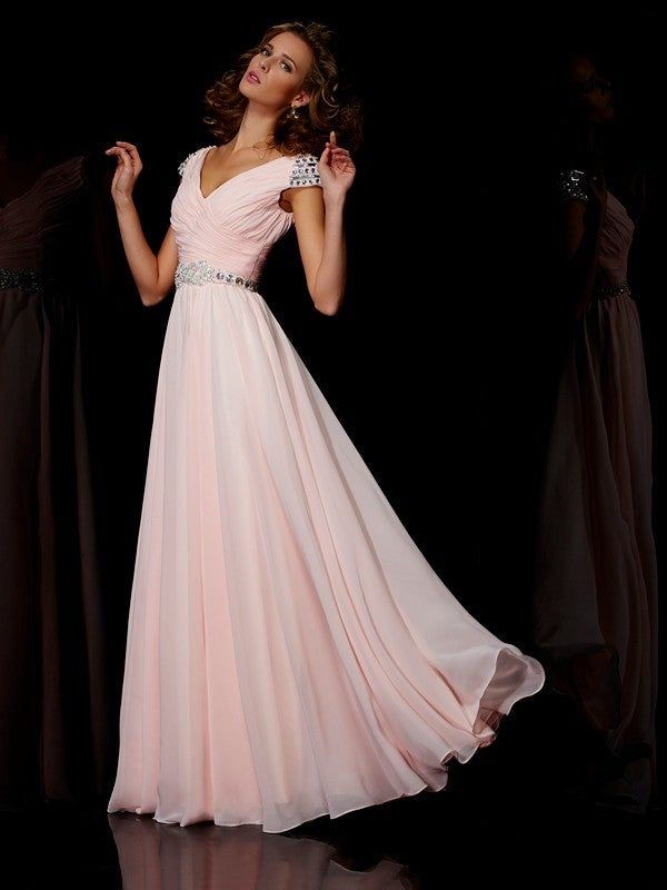 princess dresses_A-Line/Princess V-neck Short Sleeves Ruffles Long Chiffon Dresses