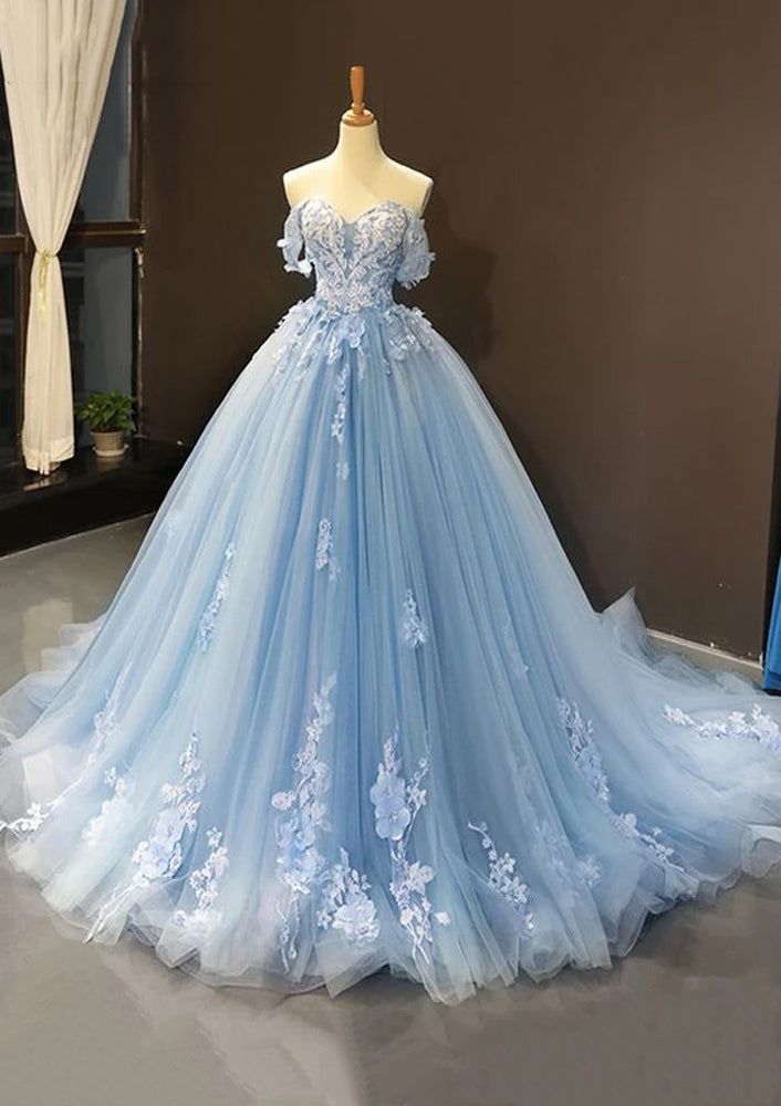 princess dresses_Princess Ball Gown Off-the-Shoulder Sweetheart Sweep Train Tulle Prom Dress, Lace