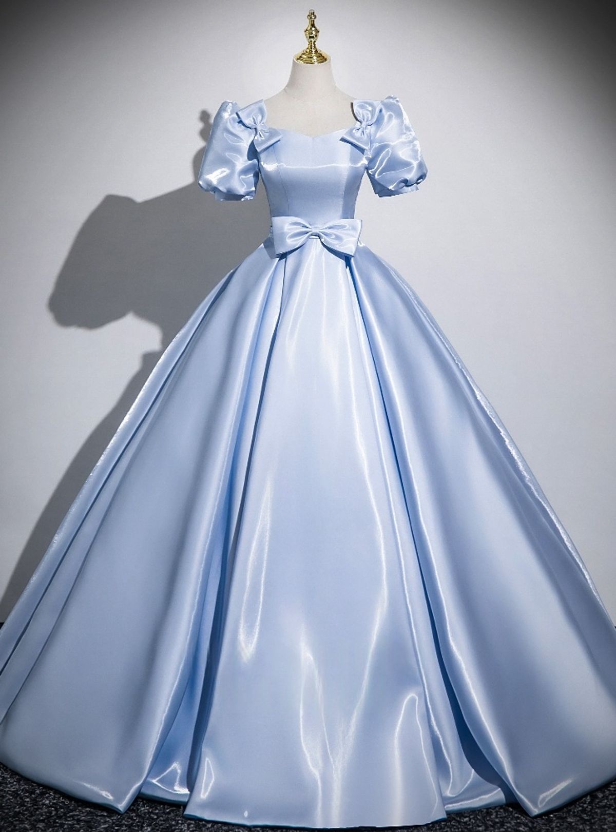 princess dresses_Blue Puff Sleeve Bow Square Neck Quinceanera Dress