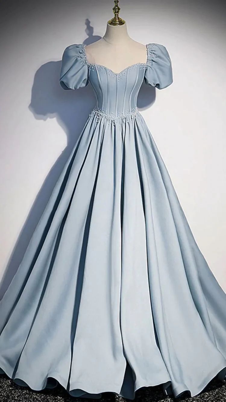 princess dresses_Light Blue Satin Long Prom Dress Short Sleeves Birthday Dress Princess Dress