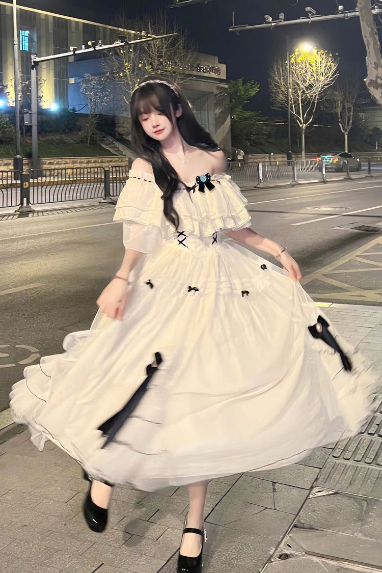 princess dresses_Ivory Off Shoulder Bowknot Sweet Elegant Princess Lolita Dress