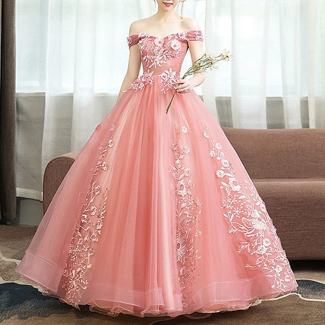 princess dresses_Ball Gown Floor Length Prom Dresses Princess Puffy Sleeveless Off Shoulder Performance Quinceanera Polyester with Appliques 2025 - $139.99