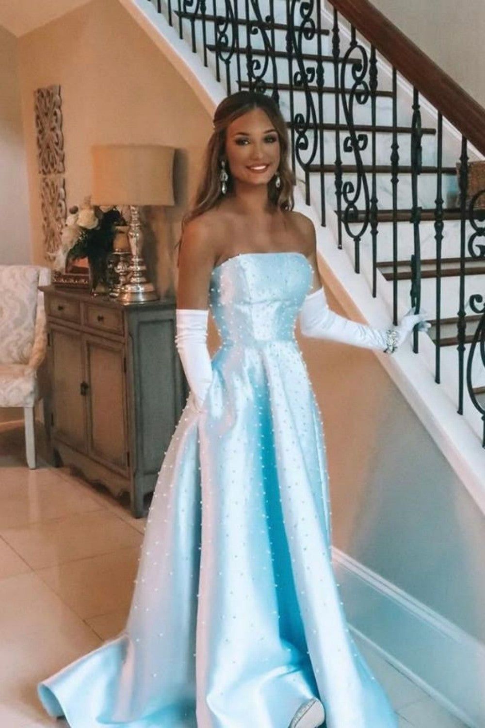 princess dresses_Light Blue AStrapless Satin Prom Ball Gown with Pearl Details - Light Blue / US16