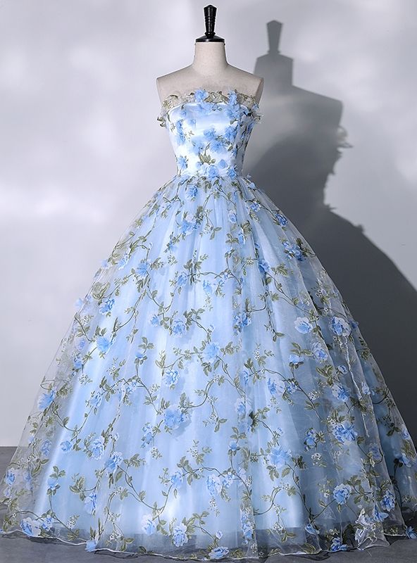 princess dresses_Blue Tulle 3D Flower Strapless Quinceanera Dress
