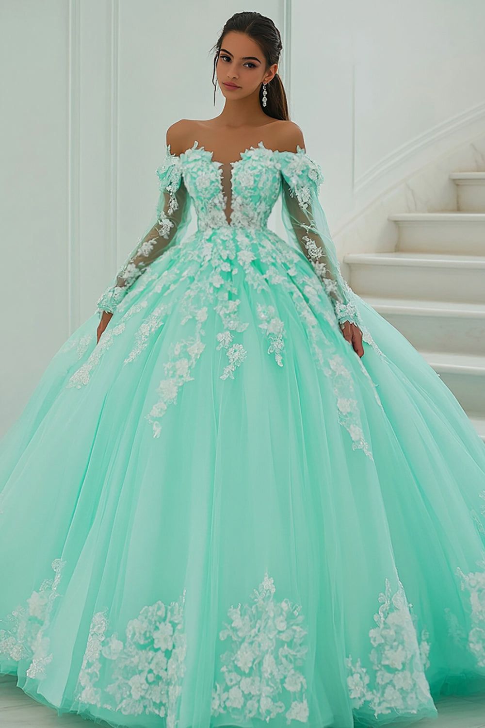 princess dresses_Ball Gown Off The Shoulder Mint Green Appliqued Quinceanera Dress