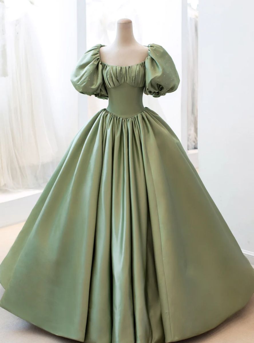 princess dresses_Green Satin Puff Sleeve Quinceanera Dress
