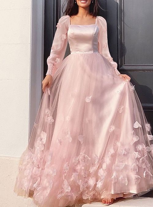 princess dresses_TS A-Line Prom Dresses Maxi Dress Wedding Guest Sweet 16 Floor Length Long Sleeve Scoop Neck Tulle with Appliques Butterfly 2025 2025 - $158.99