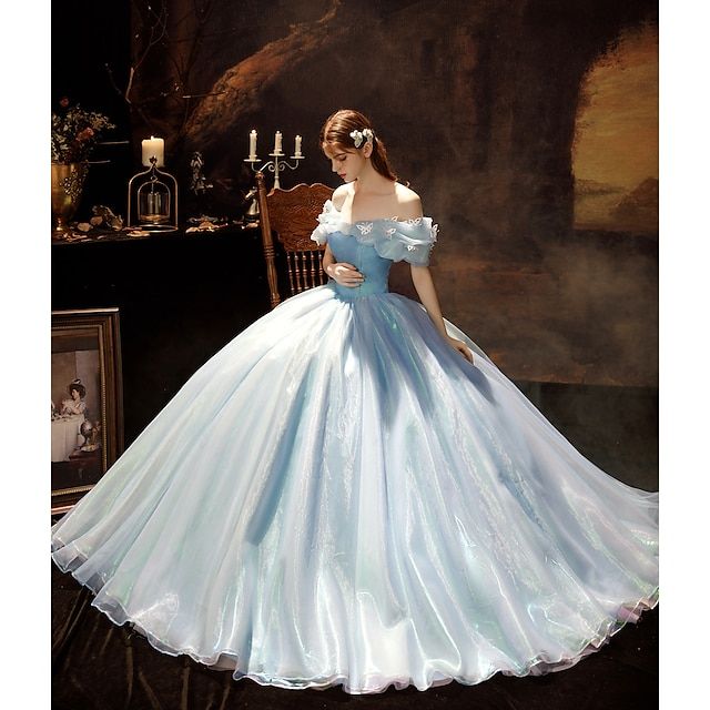 princess dresses_Blue Princess Cinderella Off Shoulder A-Line Long Evening Prom Dresses Retro Vintage Rococo Ball Gown Prom Dress Women's Wedding Costume Ball Gown Halloween Carnival Masquerade Wedding Party Dress 2025 - $213.99