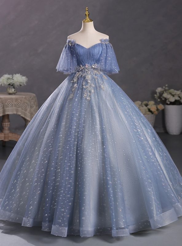 princess dresses_Blue Tulle Sequins Off the Shoulder Beading Quinceanera Dress