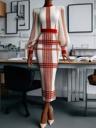 elegant dresses_StyleWe Women Elegant Midi Dress High Waist Bodycon Crew Neck Balloon Sleeve Autumn For Commuting