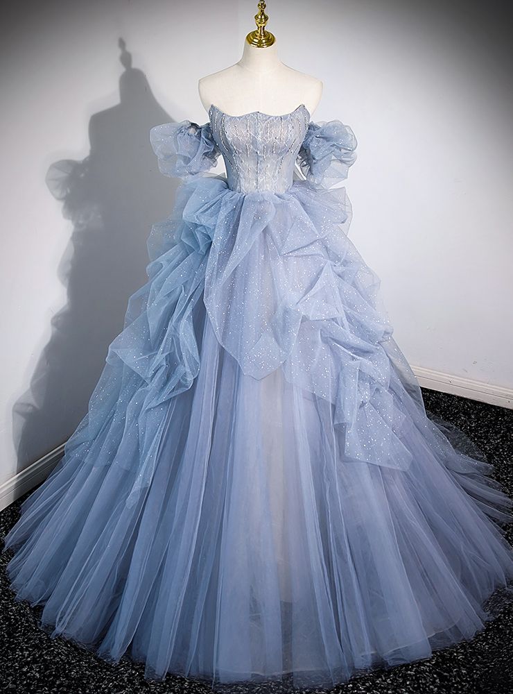 princess dresses_Blue Tulle Strapless Beading Prom Dress