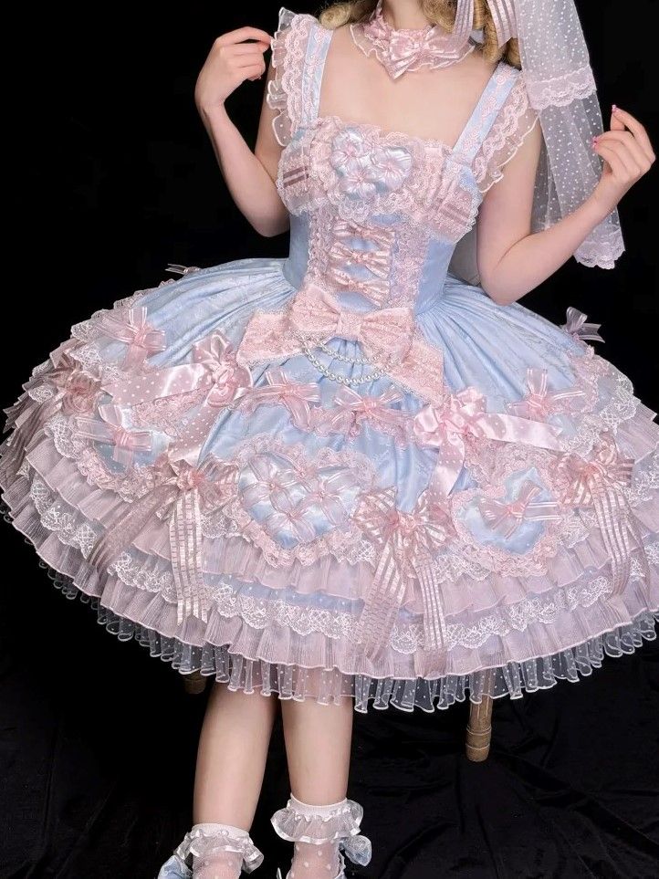 princess dresses_Pink &amp; Blue Tiered Ruffles Flutter Sleeves Hime Lolita Dress with Bows and Lace Trimmings