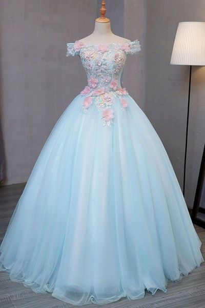 princess dresses_SSR610,blue off shoulder strapless cap sleeves a-line applique flowers tulle evening dress from SheSheRose
