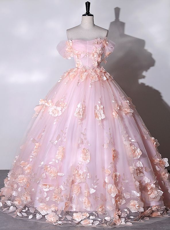 princess dresses_Pink Tulle 3D Appliques Quinceanera Dress