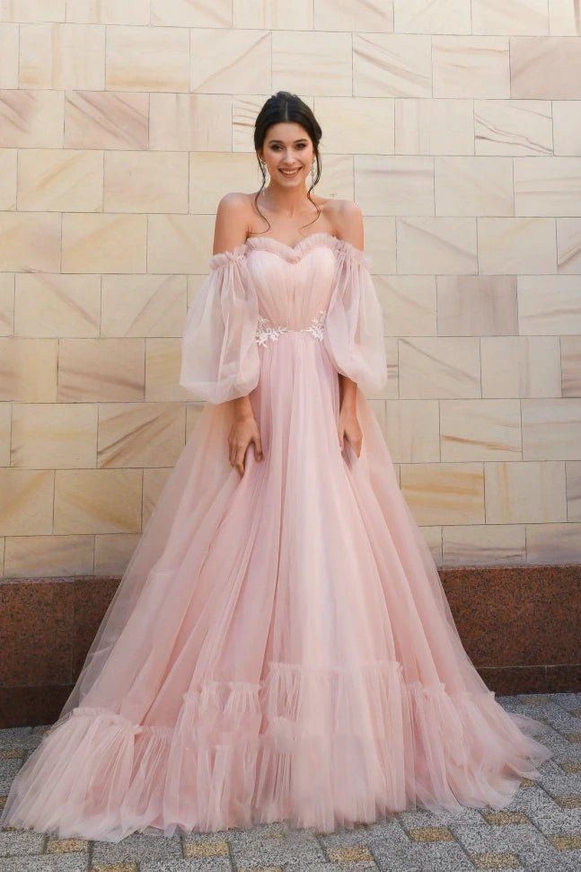 princess dresses_Off-shoulder Charming Sweetheart Tulle Wedding Dress With Poet Sleeves - Blush / Custom Size