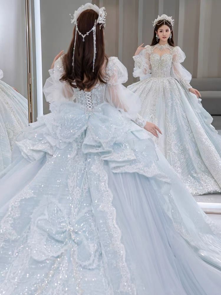 princess dresses_Empire style blue wedding gown with lace bows decorated