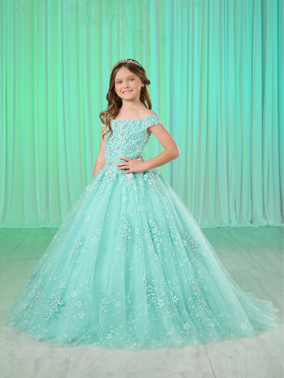 princess dresses_Girls Off Shoulder Gown by Tiffany Princess 13768 - 4 / Aqua