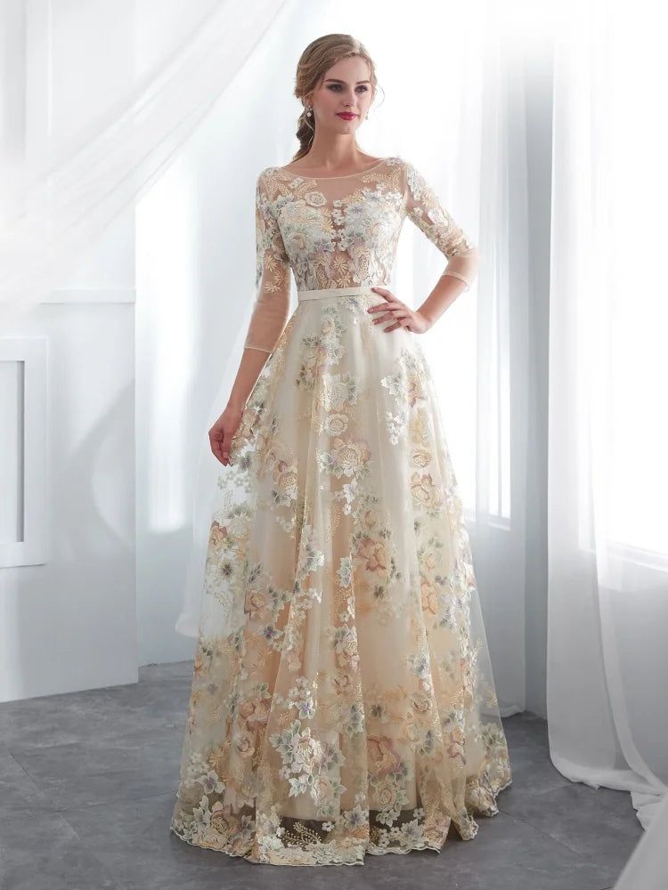 princess dresses_Floral Prom Dresses Lace 3/4 Sleeves A-line Champagne Belt Empire Waist Long Evening Gowns Vestido De Formatura Champagne / 8